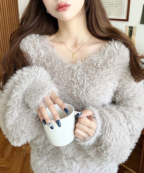 moment+ ニット セーター Vネックバルーンスリーブロングシャギー