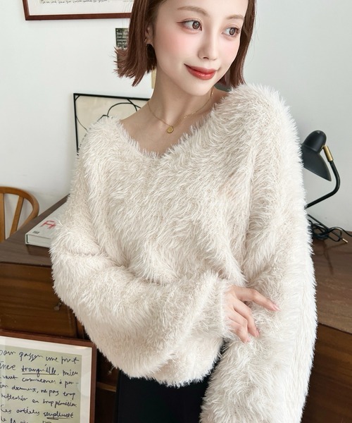 moment+ ニット セーター Vネックバルーンスリーブロングシャギー