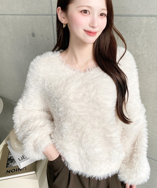 【イタリア製】極美品 希少✨ Vネック ロエベ バルーンスリーブニット S 紺色 moment+ ニット セーター Vネックバルーンスリーブロングシャギー