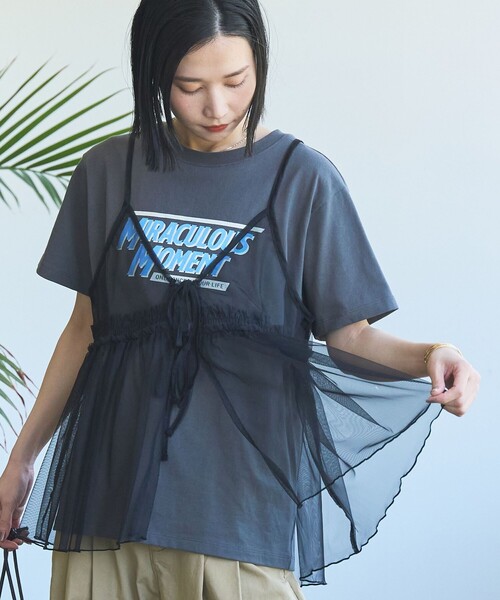 coen tシャツ チュールキャミ付きロゴTシャツ レディース