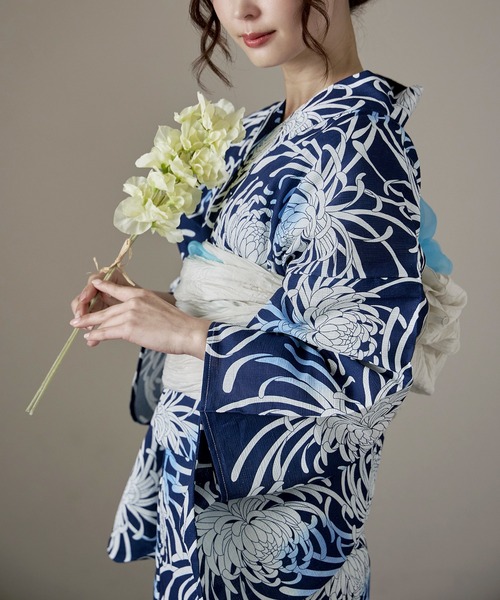 asaka 浴衣 浴衣セット レディース 綿麻仕立て上がり浴衣＋帯 2点