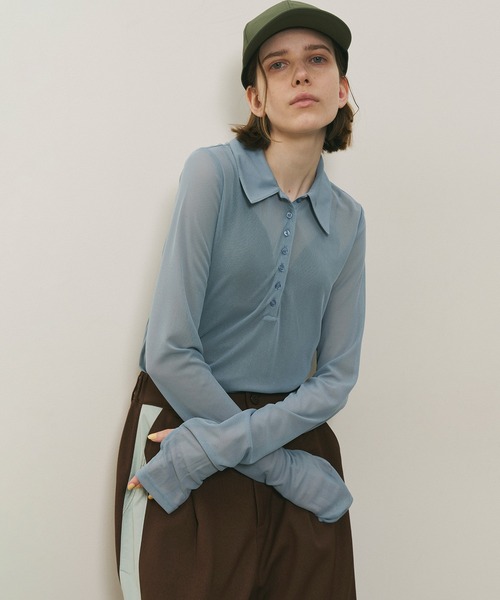 ブラウス シャツ longスリーブシアーポロシャツ レディース LA BELLE ETUDE ブラウス シャツ longスリーブシアーポロシャツ