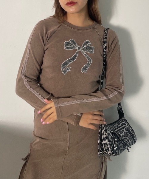 tシャツ フロントリボンリブトップス レディース