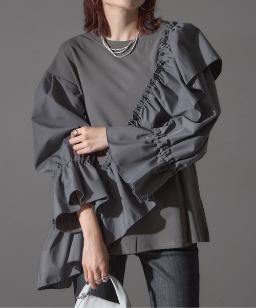 each alchemist tシャツ アシメフリル異素材切り替えプル