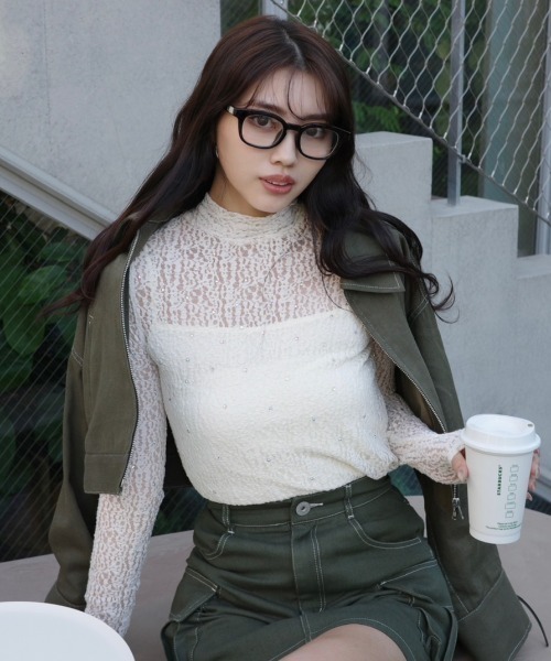 ストレッチチュールカットトップス L/PNK1 rienda tシャツ ストレッチチュールカットトップス レース