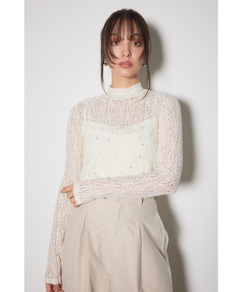 ストレッチチュールカットトップス L/PNK1 rienda tシャツ ストレッチチュールカットトップス レース