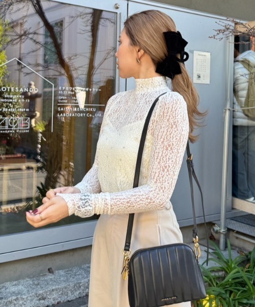 rienda tシャツ ストレッチチュールカットトップス レース