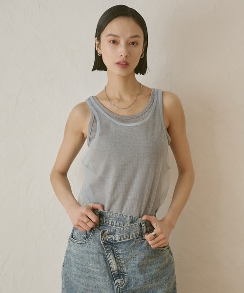 hunch（ハンチ） タンクトップ ノースリーブ チュールレイヤード リブ