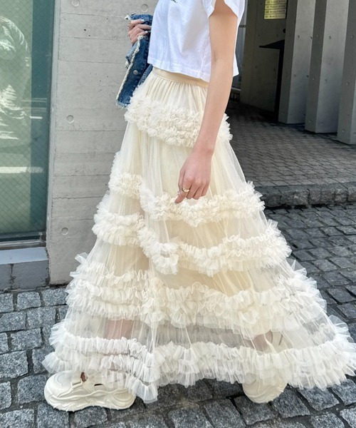 SOLLON. スカート シアーフリルボリュームチュールスカート