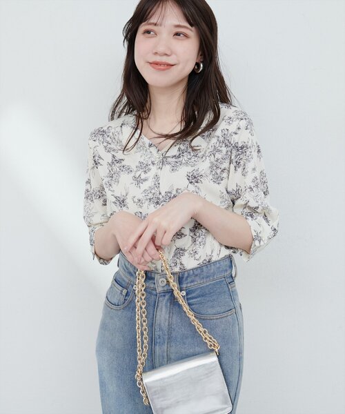 natural couture ブラウス シャツ パール釦Vネック5分袖ブラウス