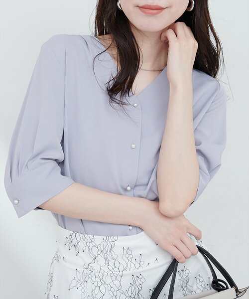 natural couture ブラウス シャツ パール釦Vネック5分袖ブラウス