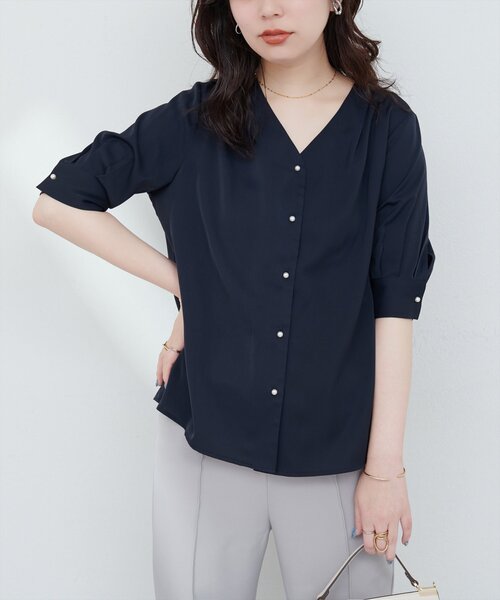 natural couture ブラウス シャツ パール釦Vネック5分袖ブラウス 