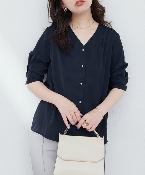 Drawer 未使用 五分袖ブラウス natural couture ブラウス シャツ パール釦Vネック5分袖ブラウス