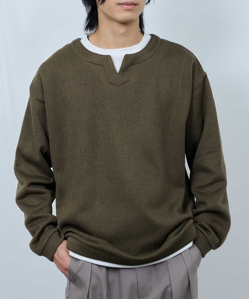 NAVY tシャツ 針抜き裏起毛 フェイクキーネックトレーナー メンズ