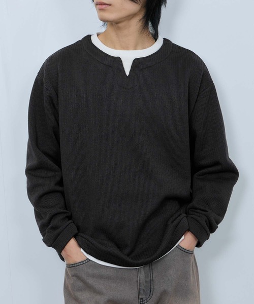 NAVY tシャツ 針抜き裏起毛 フェイクキーネックトレーナー メンズ