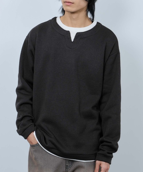 NAVY tシャツ 針抜き裏起毛 フェイクキーネックトレーナー メンズ