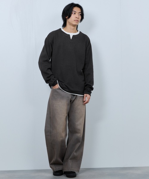 NAVY tシャツ 針抜き裏起毛 フェイクキーネックトレーナー メンズ