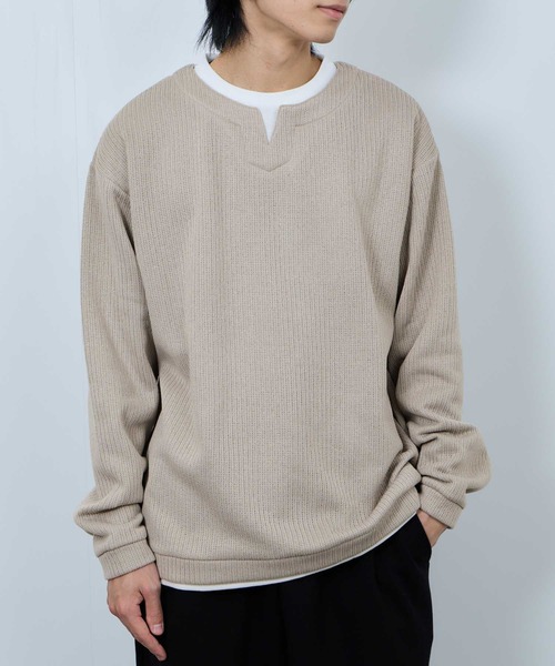 NAVY tシャツ 針抜き裏起毛 フェイクキーネックトレーナー メンズ