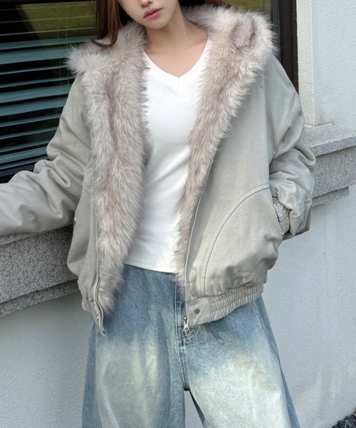 Aelina ブルゾン アウター ファーフード付きジャケット レディース