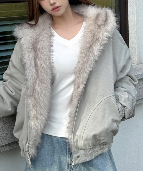Aelina ブルゾン アウター ファーフード付きジャケット レディース