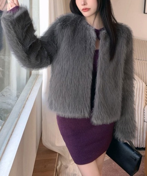 Riff（リフ） ノーカラーコート コート ファーショートコート