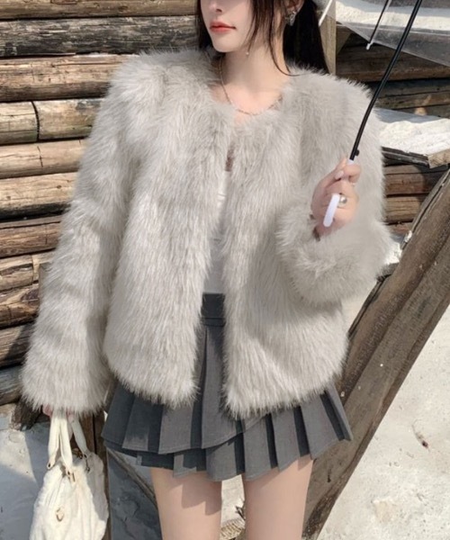 Riff（リフ） ノーカラーコート コート ファーショートコート