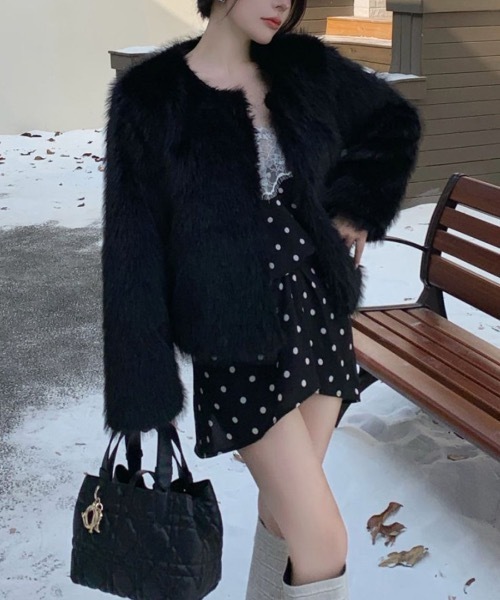 Riff（リフ） ノーカラーコート コート ファーショートコート