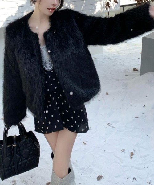 Riff（リフ） ノーカラーコート コート ファーショートコート