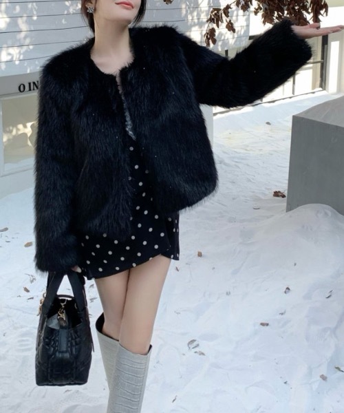 Riff（リフ） ノーカラーコート コート ファーショートコート