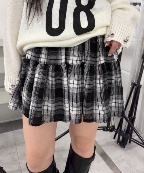Yukiemon 黒と白のチェック柄フリル付きスカート スカート フリルチェックスカパン : ZOZOTOWN Yahoo!店 - 通販 - Yahoo