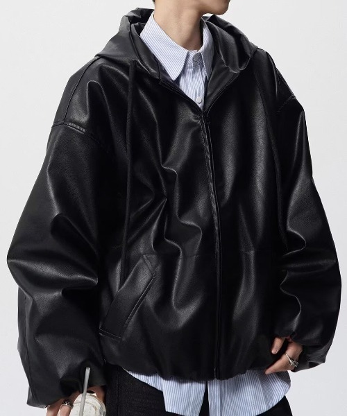 ブルゾン アウター Nightfallレザータッチオーバーサイズフーディ