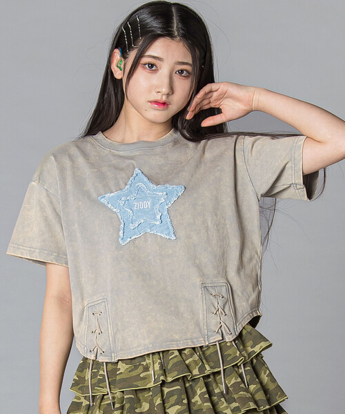 ZIDDY（ジディー） tシャツ 「 ニコプチ 」デニム星パッチ レース