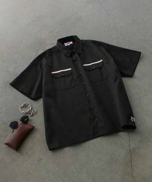ディッキーズ ワークシャツ ロゴ 工具 2XL 黒 USA古着 半袖 シャツ ディッキーズDICKIES 半袖し刺繍ロゴワークシャツ サイズL紺