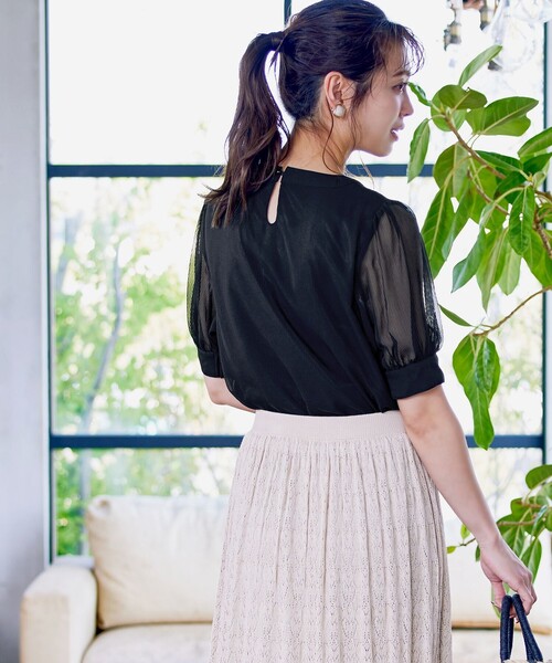 【極美品】FORME ネイビー 半袖 パフスリーブ ブラウス Tiaclasse ブラウス シャツ 「洗える」ドビーシフォンパフスリーブ