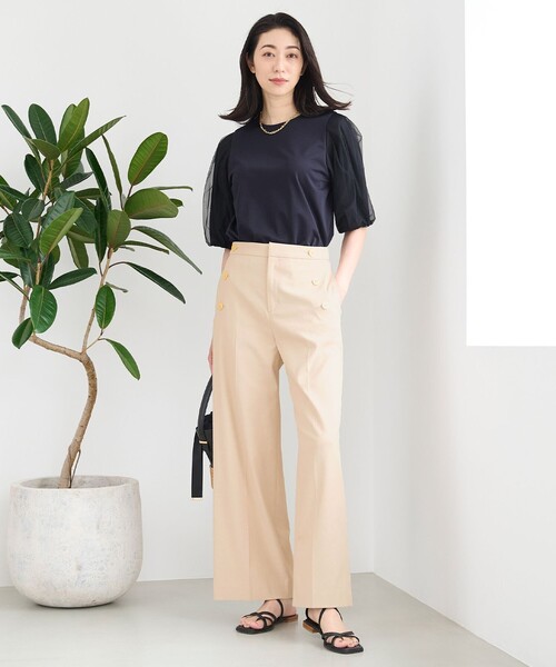 tシャツ 「洗える・XSサイズあり」シアーコンビパフスリーブ カットソー レディース 自由区 tシャツ 「洗える・XSサイズあり」シアーコンビ