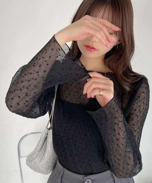 Eclat one tシャツ シアー ドット ジャガード 長袖 トップス