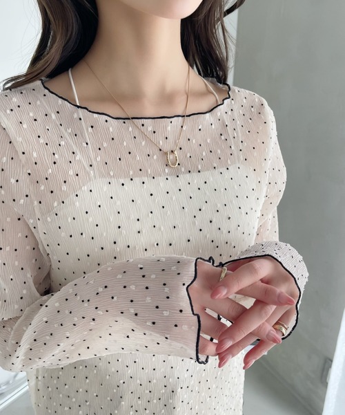 tシャツ シアー ドット ジャガード 長袖 トップス レディース