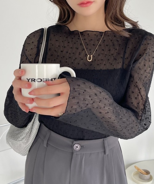 Eclat one tシャツ シアー ドット ジャガード 長袖 トップス