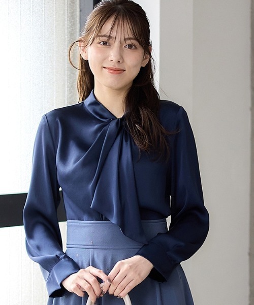 未使用 タグ付き 完売 ブラウス ネイビー シェルプリーツ プルオーバー  紺 フランス綾タックブラウス（ダークネイビー）【レディス】U113 | HUIS