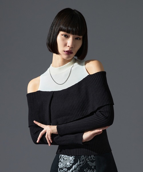 EAMANNO SCERVINO スエット　レース　オフショルダー　黒 Ellno de Mavie ニット セーター レイヤードオフショルニット