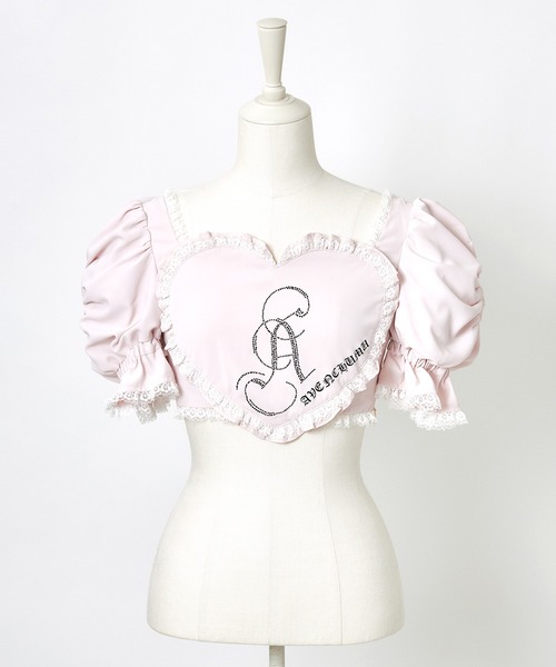 Front heart rhinestone logo blouse ピンク AVENCHUMU ブラウス シャツ Front heart rhinestone logo blouse