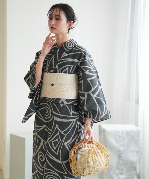 utatane 浴衣 浜松注染浴衣3点セット 綿麻×刺し子 錆鼠に渦 レディース