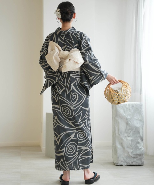 綿麻　浴衣　浜松　注染 utatane 浴衣 浜松注染浴衣3点セット 綿麻×刺し子 錆鼠に渦 レディース