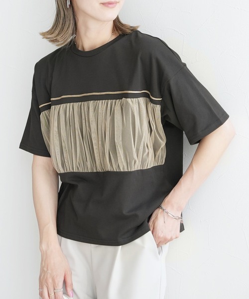 tシャツ バックチュール切替半袖Tシャツ レディース reca tシャツ チュール切替ルーズTシャツ レディース