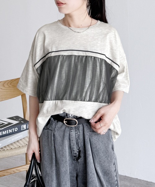 tシャツ バックチュール切替半袖Tシャツ レディース reca tシャツ チュール切替ルーズTシャツ レディース