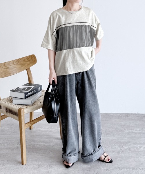 tシャツ バックチュール切替半袖Tシャツ レディース reca tシャツ チュール切替ルーズTシャツ レディース