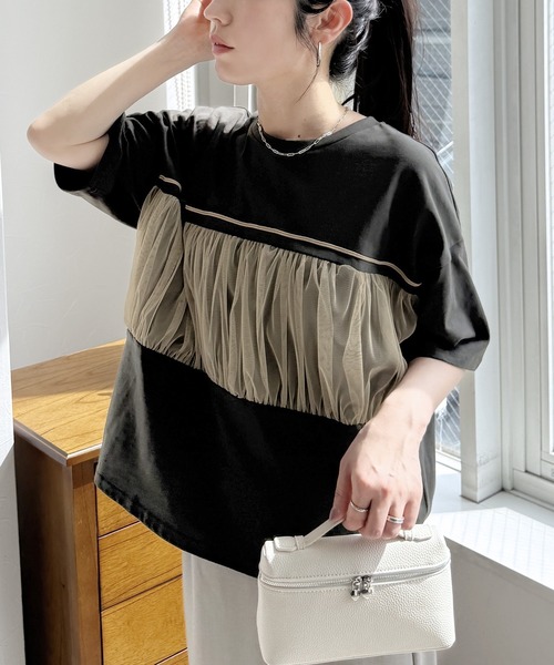 tシャツ バックチュール切替半袖Tシャツ レディース 11tt1580-1.jpg