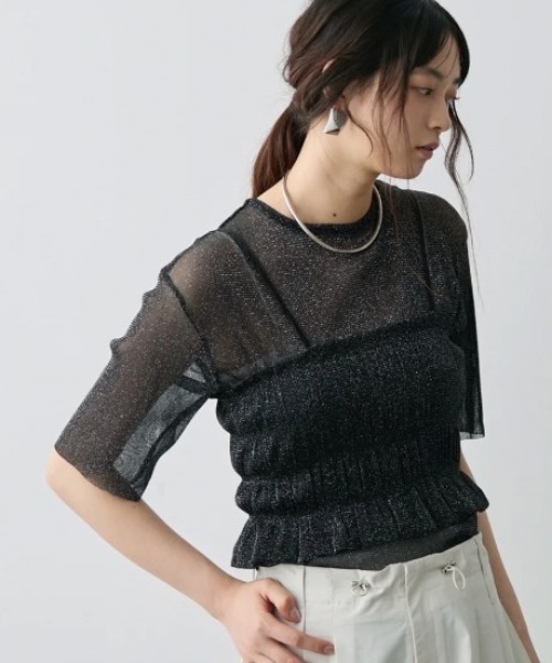 tシャツ ラメシアーTシャツ＆シャーリングビスチェセット レディース