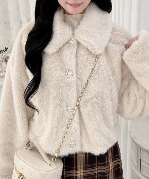 新品　ピノーレ　エレガントなエコファーブルゾン　サイズF 定価10万 INGNI ブルゾン アウター ビジューボタンステンカラーエコファー