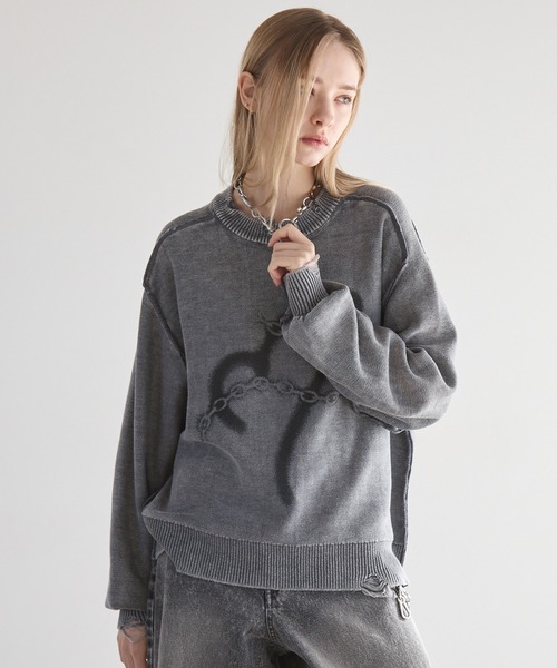 チョココロネ　Cニット グレー ミックスカラー クルーネック ニット